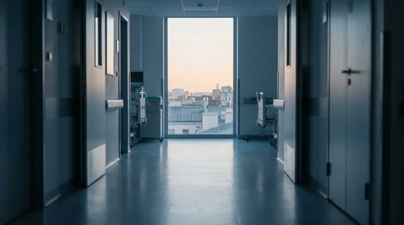 Leerer Klinikflur im kühlen Licht des frühen Morgens