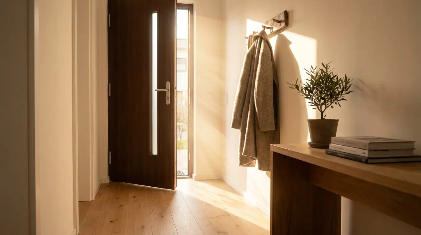 Eine Wohnungstür steht offen, warmes Licht fällt in den Flur